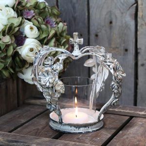 Ljusstake Krona med rosor H22 / Ø18 cm antik creme  REA